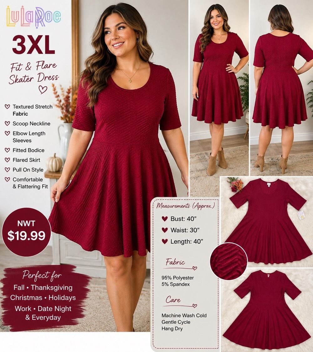 🆕LULAROE 3X Burgundy Red Textured Fit&Flare Skater Dress Plus Size Stretch NWT